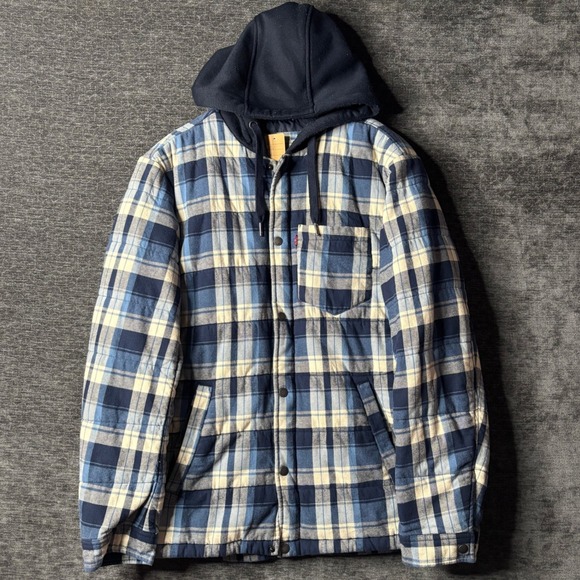 Levi's Other - Levis Mens Blue Plaid Quilted Hooded Flannel Shirt Jacket Insulated Size Medium